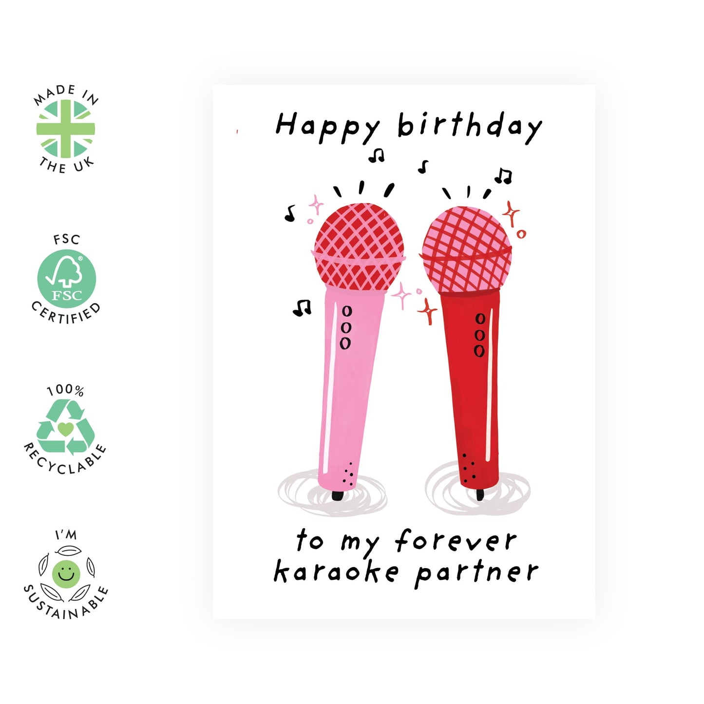 Fun Birthday Card for Karaoke Lovers - "My Forever Karaoke Partner" - Music and Microphone Theme - For Friends, Couples, Besties, Colleagues or Singing Partners- Comes with Fun Stickers