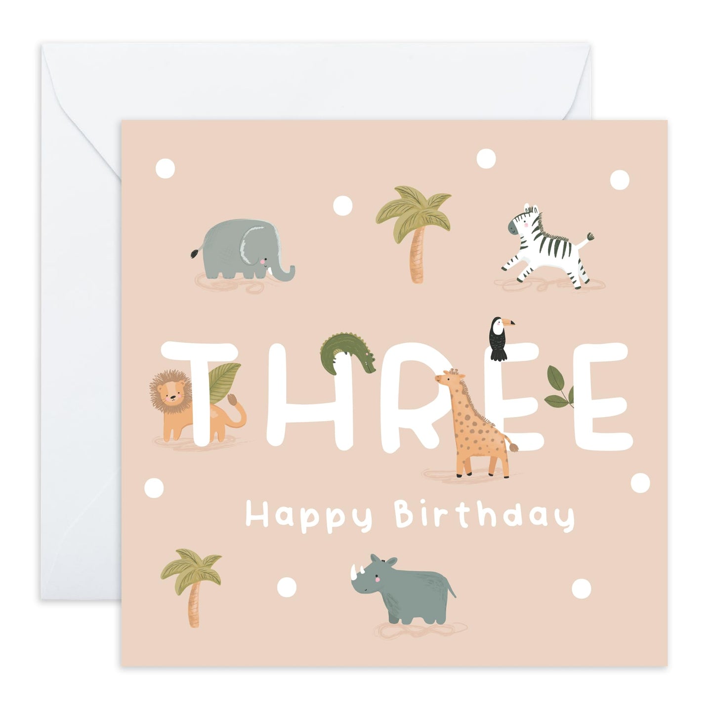 3rd Birthday Card with Cute Safari Animals - 'Safari Birthday Three' - Gifts for Boys, Sons, Girls, Daughter, Toddlers, Kids, Children, Family - Third - Comes with Fun Stickers