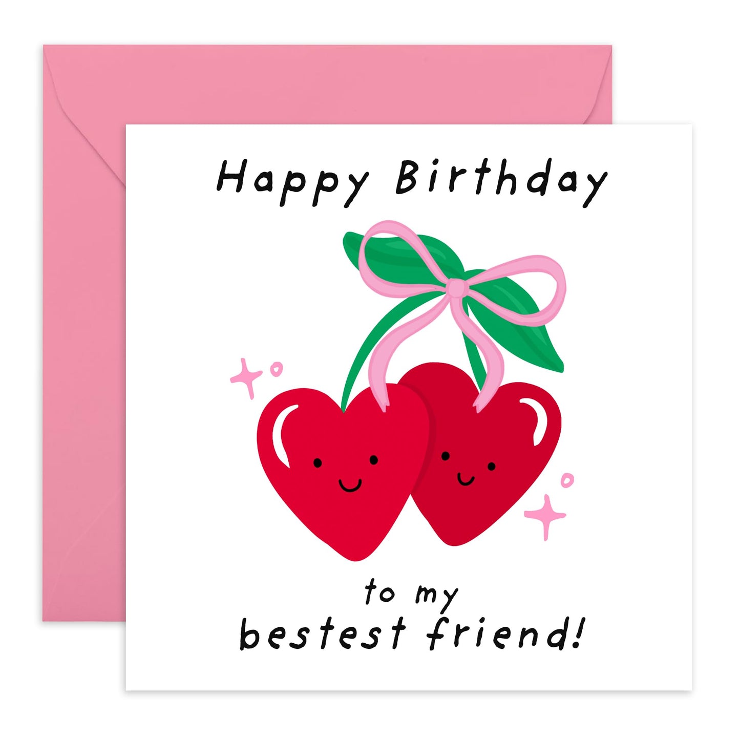 Cute Cherry Birthday Card for Best Friend - Adorable Happy Birthday Greeting for Bestie, Female Friends, or Special Someone - Comes with Fun Stickers