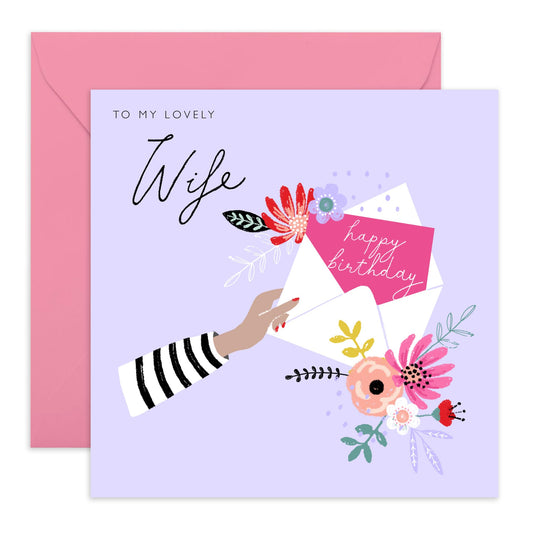 Wife Birthday Card - To My Lovely Wife - Purple Birthday Cards for Women - Happy Birthday Wife Card Floral - Sweet Heartfelt Gifts for Her - Comes With Cute Stickers By Central 23