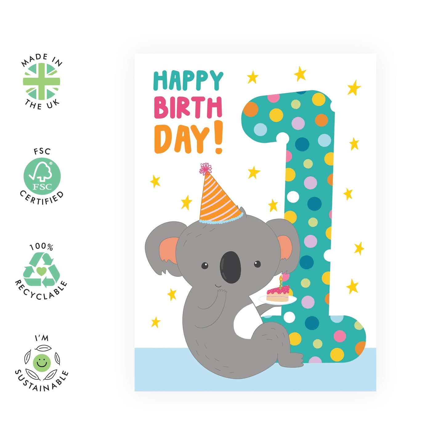 1st Birthday Cards For Kids - Cute Koala Age One - Happy First Birthday Card For Girl Boy Baby Toddler - Milestone Cards Bday - Gifts For Godson Granddaughter - Comes With Stickers By Central 23