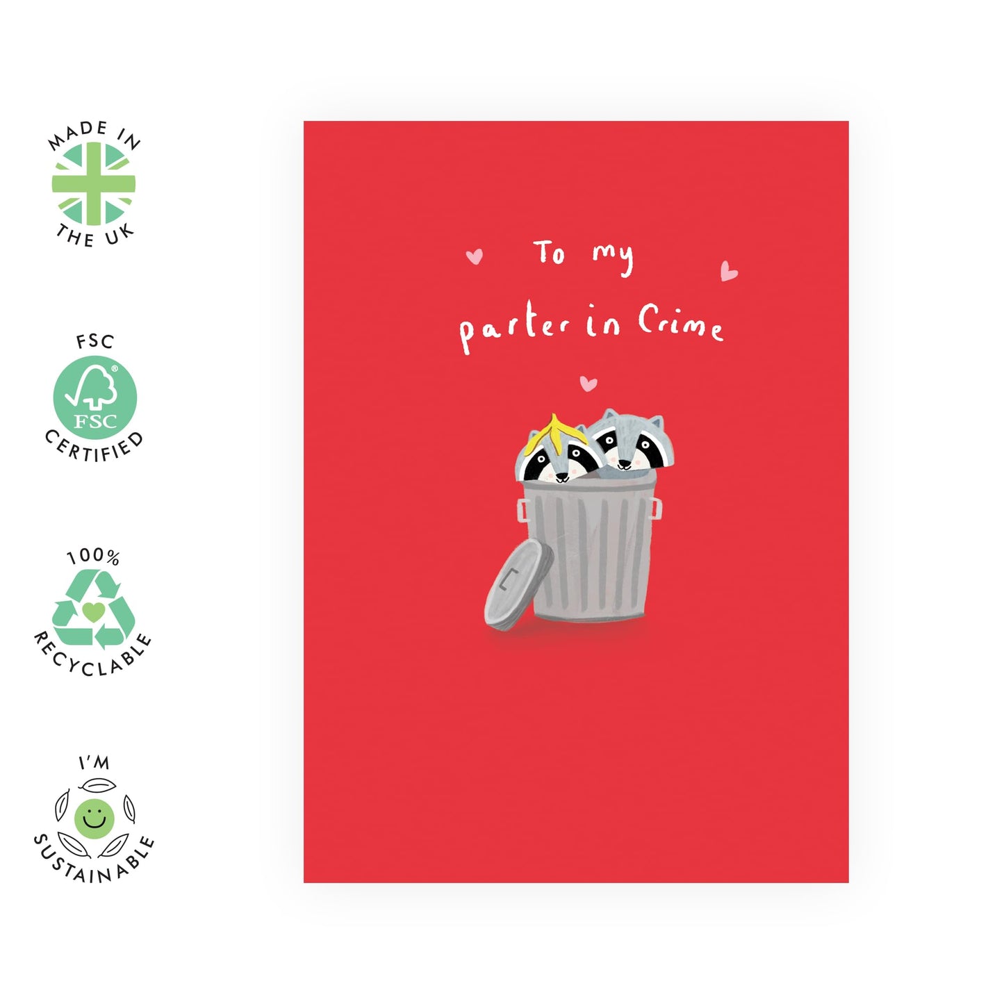 Cute Raccoons Anniversary Card - 'Partner In Crime' - Romantic Gifts for Wife, Husband, Boyfriend, Boyfie, Partner, Couples, Babe - Together in Everything - Comes with Fun Stickers