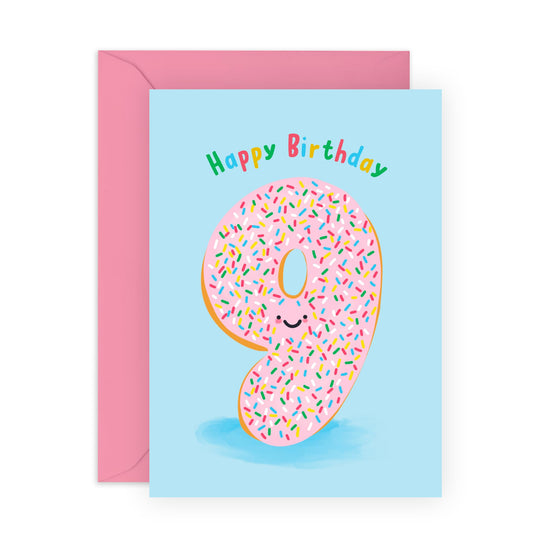 Ninth Birthday Card For Boys Girls - Donut Age 9 - Milestone Baby Cards Age Nine - Happy 9th Birthday Greeting Card For Kids - Donut - Nine Years Old - Child - Comes With Sticker By Central 23