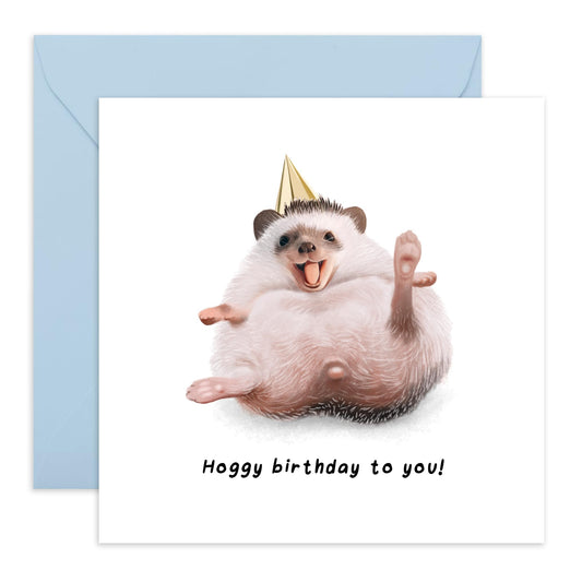 Cute Hedgehog Birthday Card - 'Hoggy Birthday' - Gifts for Friends, Buddies, BFF, Colleagues, Brother, Coworkers - Ready to Party - Comes with Fun Stickers