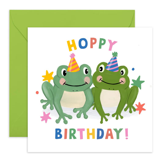 Smiling Frogs Birthday Card - 'Hoppy Birthday' - Funny Gift for Family, Relatives, BFFs, Best Friend, Buddies, Mate, Coworkers, Colleagues, Neighbours - Party Hat - Comes with Fun Stickers