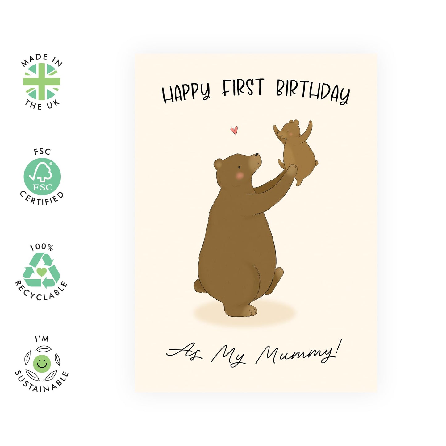 1st Birthday as My Mummy Card – Cute Bear Design for Her,  New Mum Gift, Baby to Mother, Keepsake for New Parents, Mama, Mammy, Wife, Spouse, Partner - Comes with Stickers