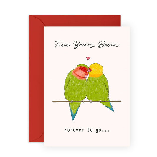 5th Anniversary Card for Couples – Romantic Greeting Card “Five Year Down Love Birds” - Gifts for Wife, Husband, Spouse, Partner, Him, Her - Fifth Year Together -Comes with Stickers