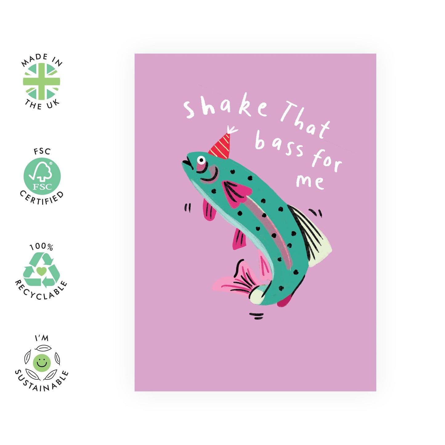 Funny Birthday Card - Shake That Bass For Me - Fish Pun Greeting Card for Friends, Dad, Husband, Wife, Girlfriend, Him, Her, Family, Colleagues, Neighbours - Fishing Jokes - Comes with Stickers