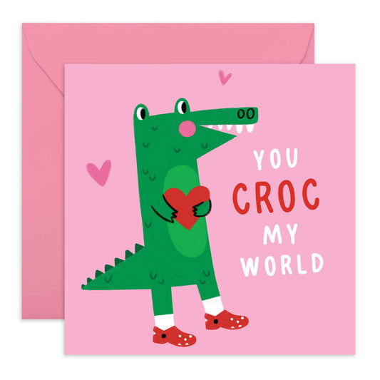 Cute & Romantic Greeting Card - 'You Croc My World' - Gifts for Wife, Husband, Girlfriend, Boyfriend, Couples, Partner - Love is Rocking - Comes with Fun Stickers