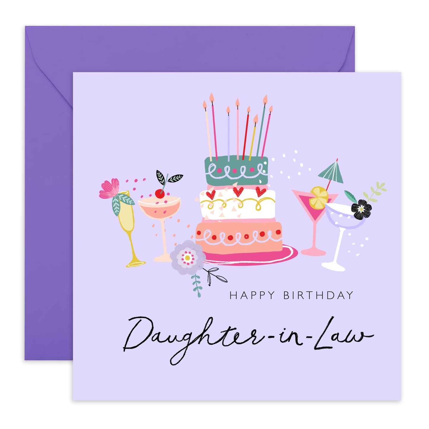 Daughter In Law Birthday Cards for Women - Cakes And Drinks - Purple Greeting Cards And Envelopes For Daughter-in-law - Gifts For Her - Comes With Stickers By Central 23