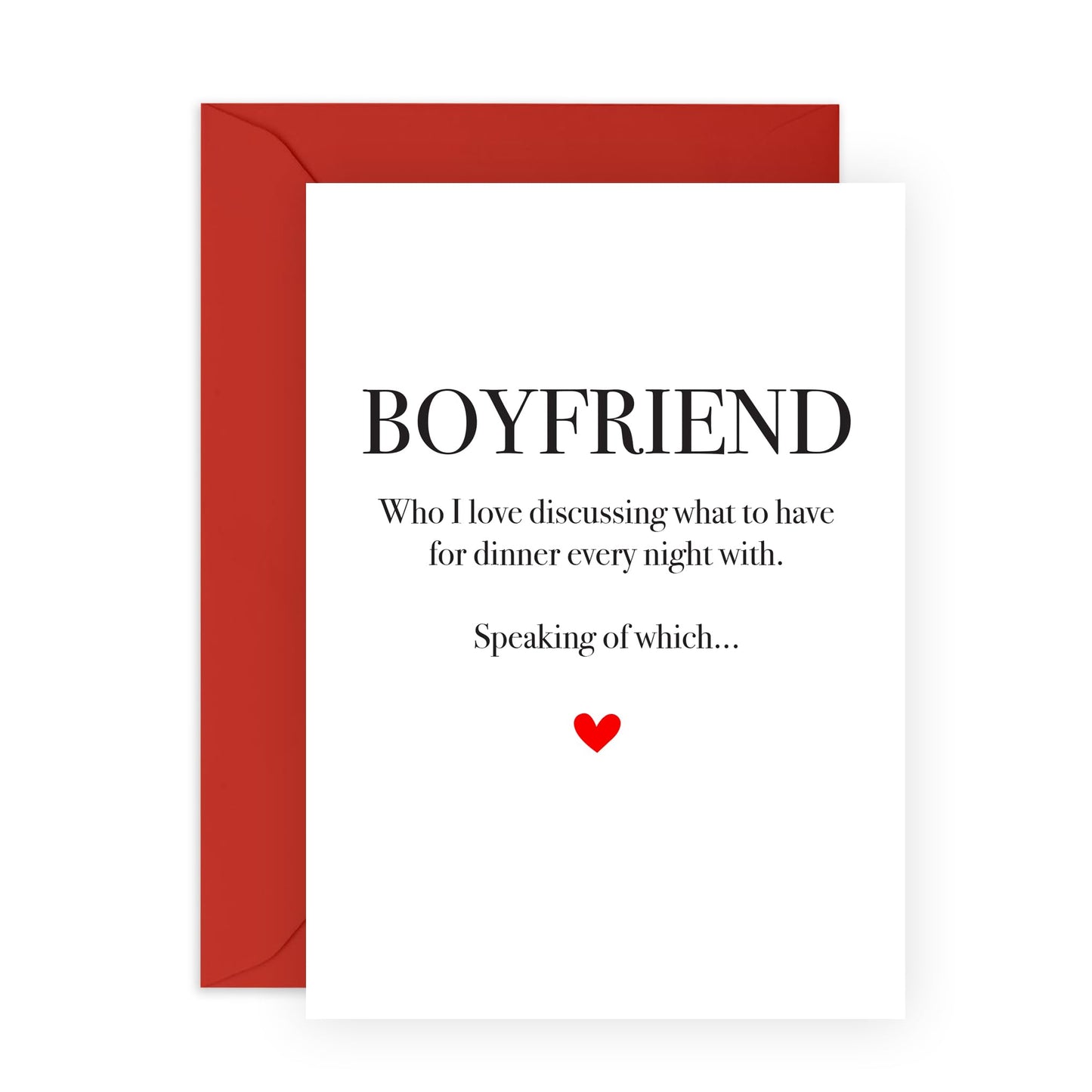 Sweet & Romantic Greeting Card - 'Boyfriend Love Dinner' - Message for Boyfriend, Boyfie, Partners, Couples, Babe, Other Half - Discussing Dinner - Comes with Fun Stickers