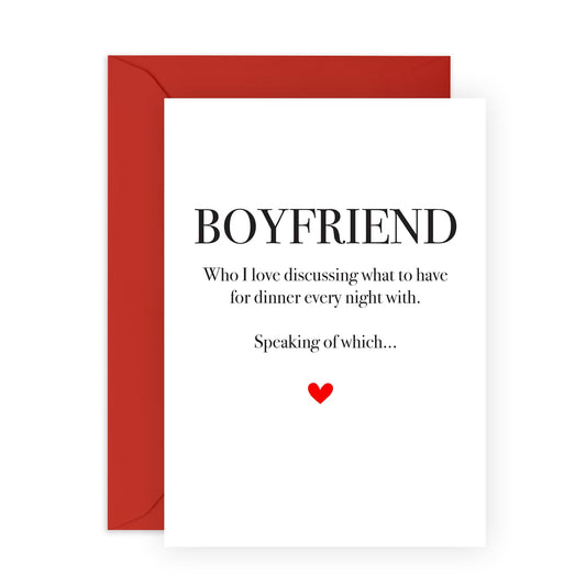 Sweet & Romantic Greeting Card - 'Boyfriend Love Dinner' - Message for Boyfriend, Boyfie, Partners, Couples, Babe, Other Half - Discussing Dinner - Comes with Fun Stickers