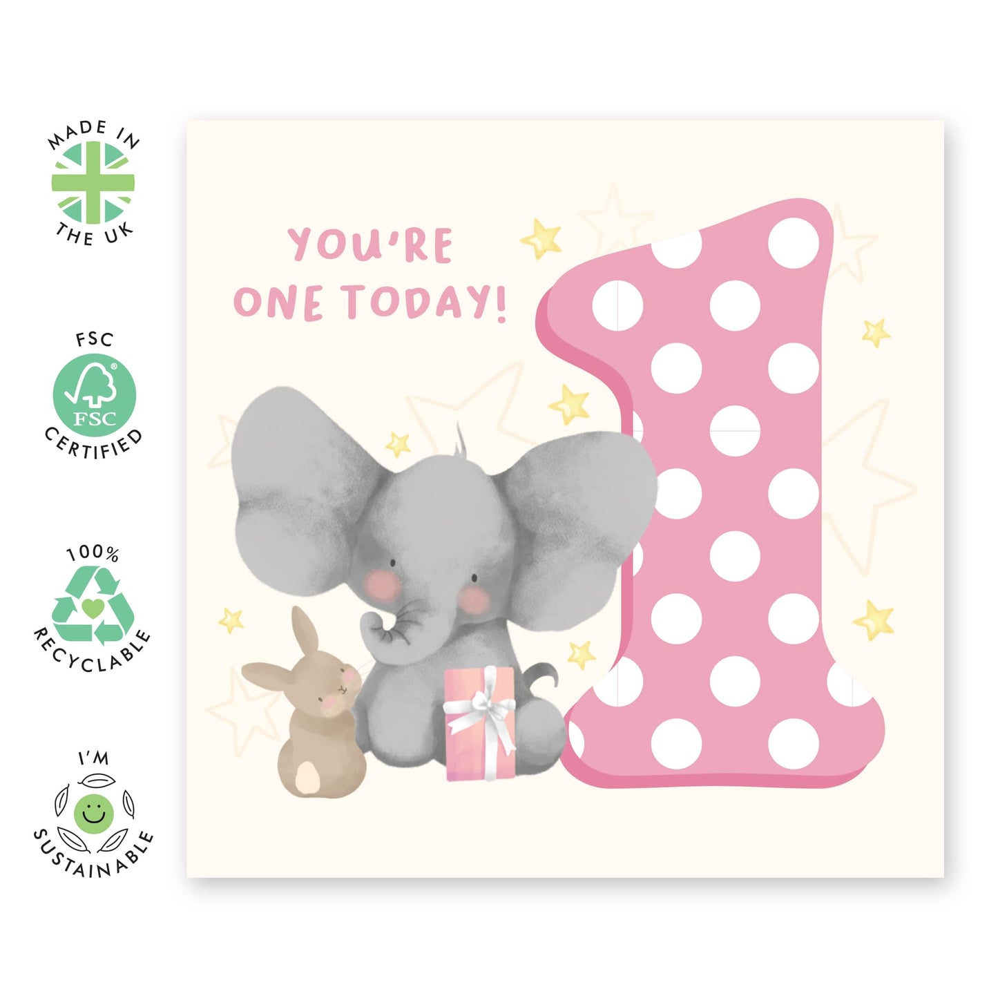 1st Birthday Card Girls - Elephant Bunny Age 1 - Baby Milestone Cards Age One - First Birthday Cards For Grandson- Gifts For Daughter Niece - From Mum Dad - Comes With Sticker By Central 23