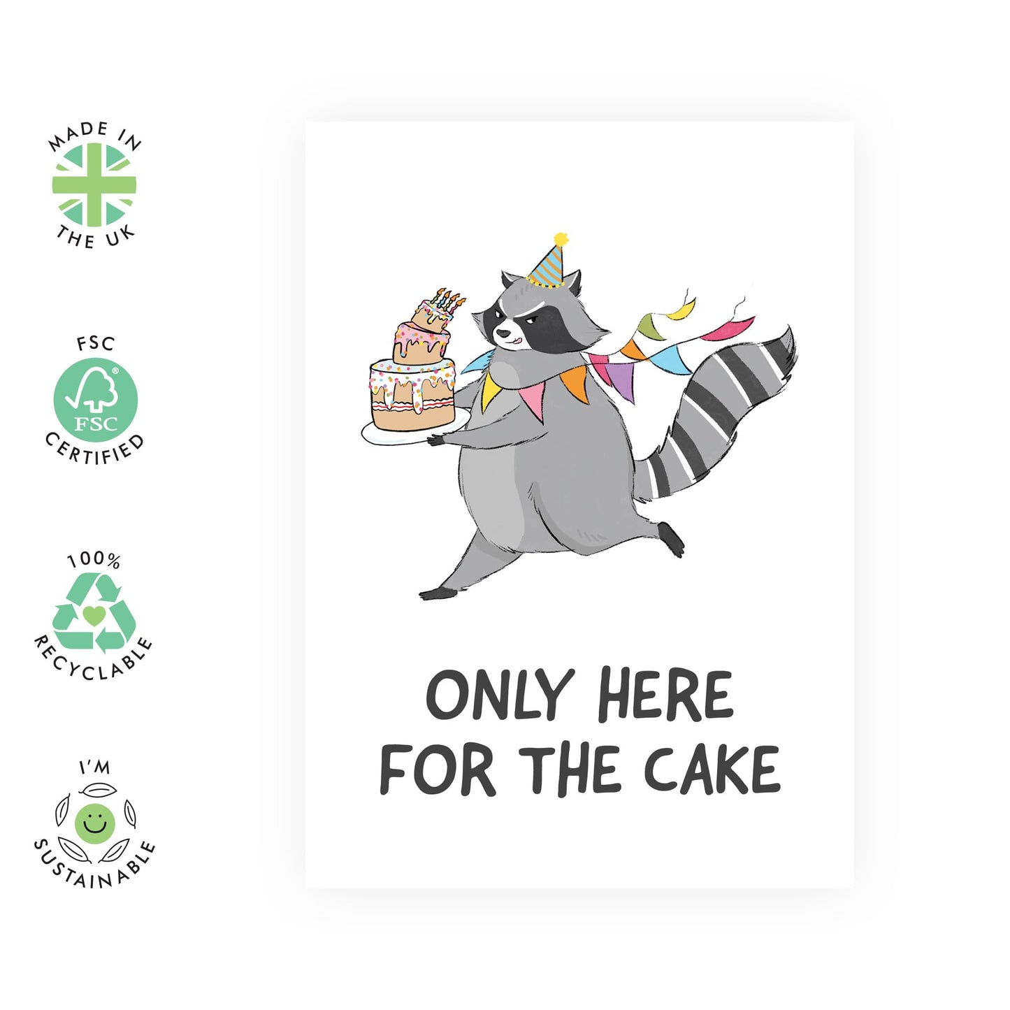 Happy Birthday Cards For Brother Sister - Raccoon Only Here For Birthday Cake - Animal Greeting Card For Kid - Birthday Card For Men Women - Gift For Him Her - Comes With Fun Stickers - By Central 23