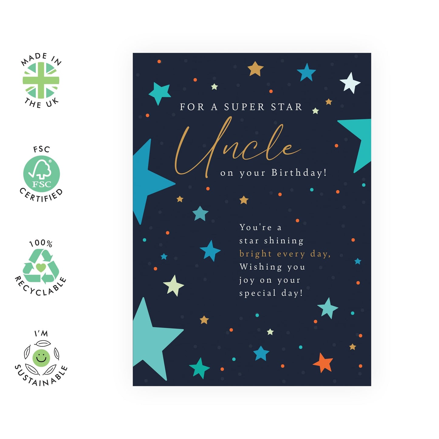 Birthday Card - 'Superstar Uncle' - Gifts for Uncles, Family, Relatives from Niece or Nephew, Him - Stars - Comes with Fun Stickers