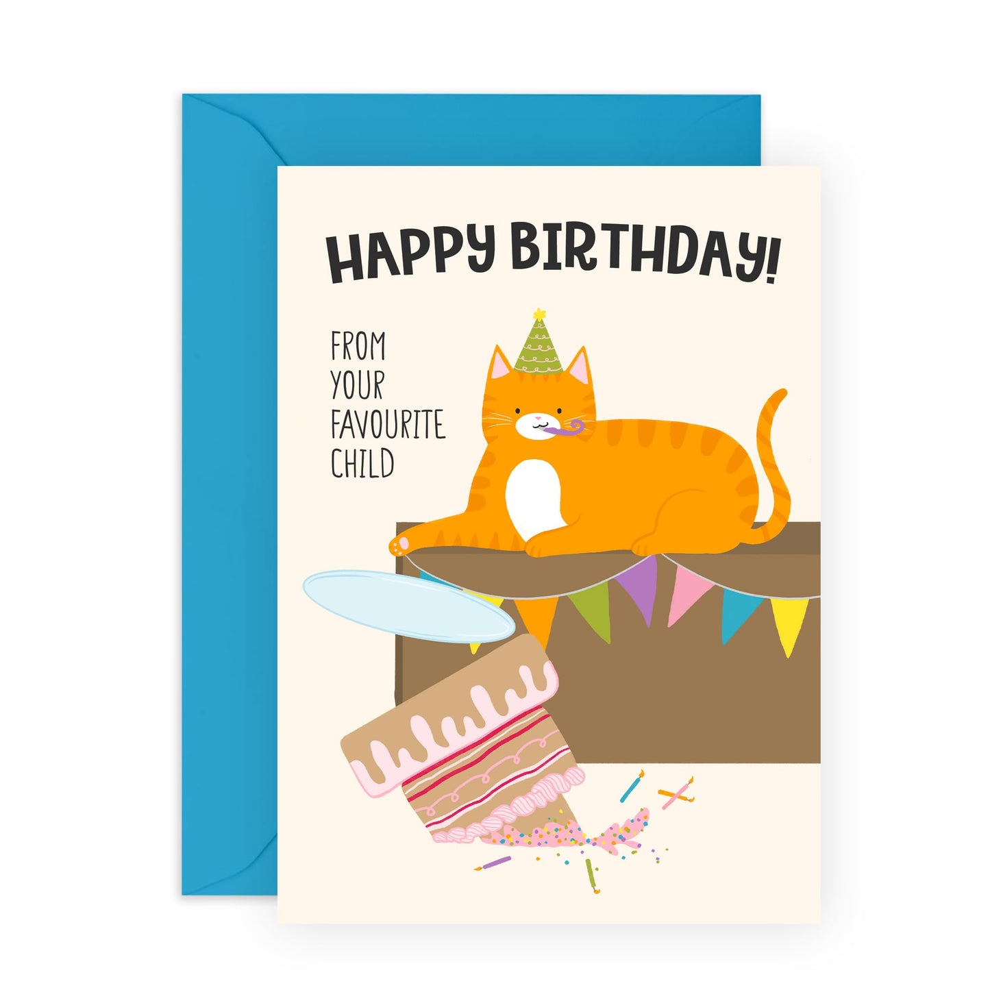 Funny & Cute Birthday Card Cat - 'Birthday Favourite Child' - Gifts for Mum, Dad, Mother, Father, From Son or Daughter - Wasted Cake - Comes with Fun Stickers