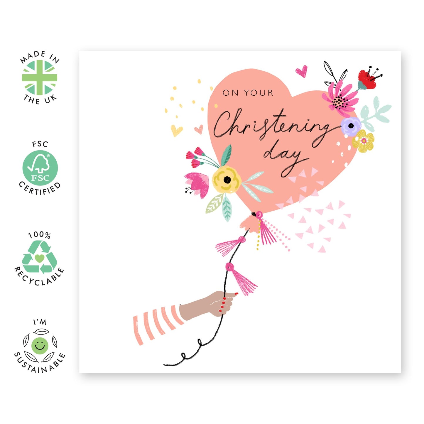 Baptismal Card For Baby Girl -pink Christening Heart Balloon - Dedication Day Card Baby - Christening Card For Niece - Granddaughter - Gift From Aunt Uncle - Comes With Fun Stickers By Central 23