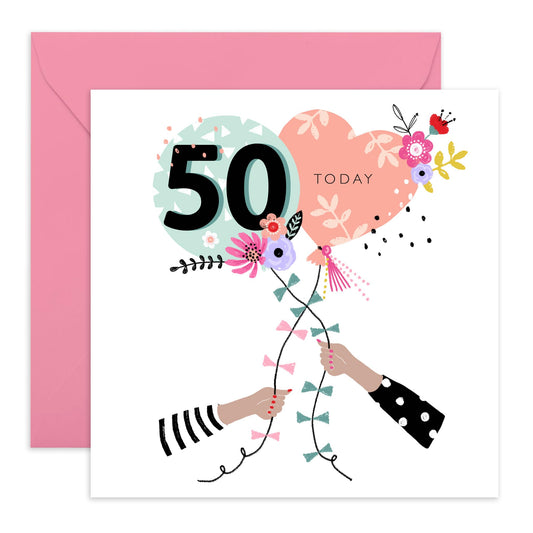 50th Birthday Card For Women - 50th Birthday Balloons - Mummy Birthday Card - Wife Mum - Sister - Happy Fiftieth Birthday Greeting Card Female Friends - Comes With Fun Stickers By Central 23