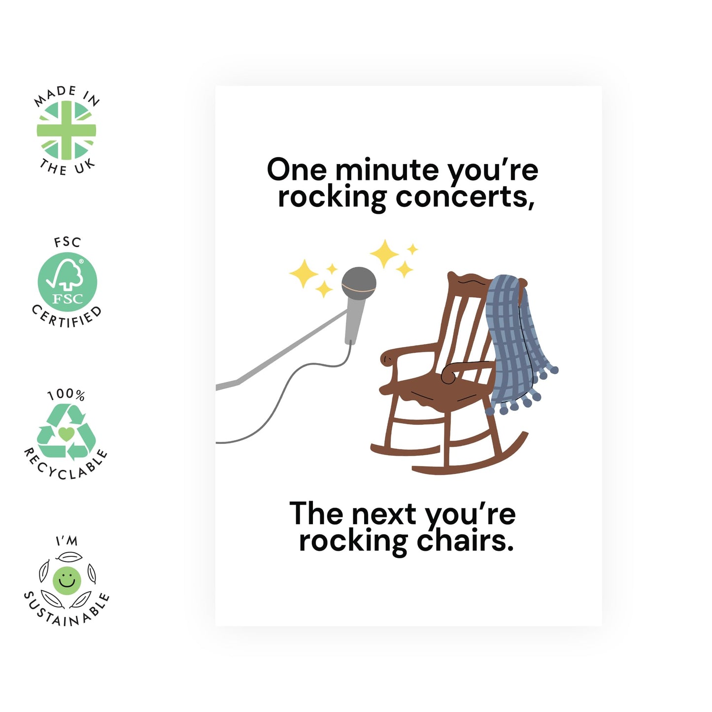 Funny Birthday Card For Mum Dad - Rocking Concerts, Rocking Chairs - Brother Sister Birthday Card - Age Joke - Friends Birthday Card For Men Women - Comes With Stickers - By Central 23
