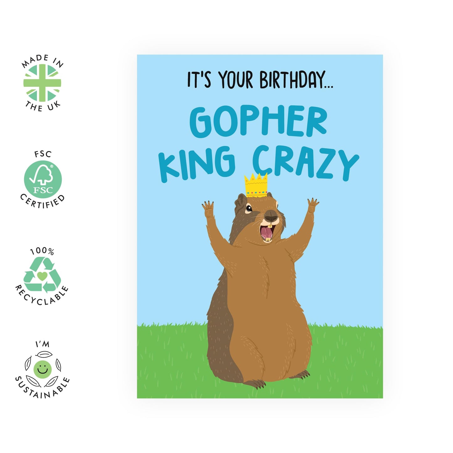 Quirky Greeting Card - 'BIRTHDAY GOPHER KING CRAZY' - Perfect for Celebrating Someone with a Fun and Unique Personality - A Playful Way to Mark Their Special Day - Comes With Stickers By Central 23