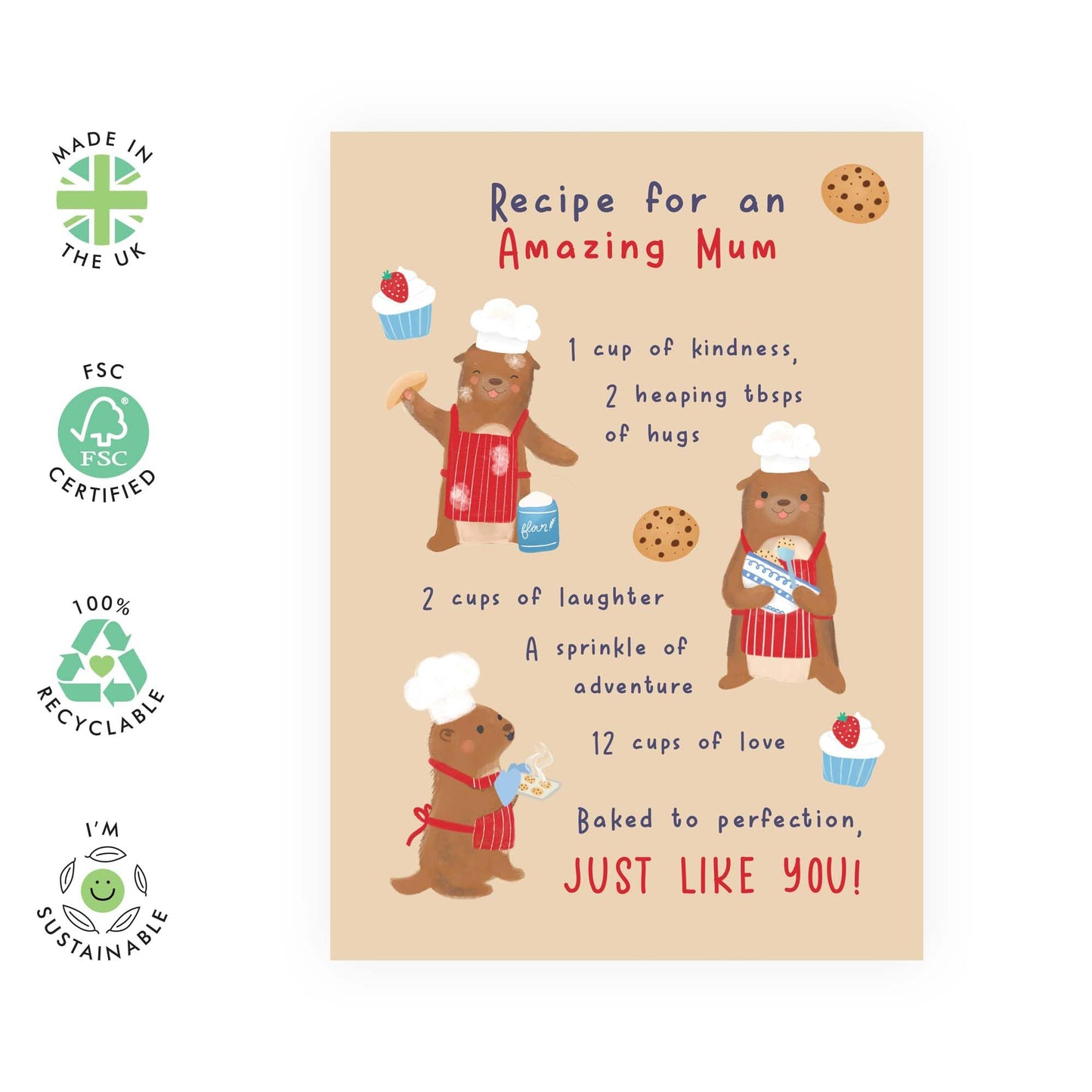 Mum Birthday Cards - Recipe Like Yours - Otter Greeting Cards for Mummy, Mama, Ma, Mam, Her, Women, Ladies, In Law - Mothers Day Card from Son or Daughter - Comes With Stickers