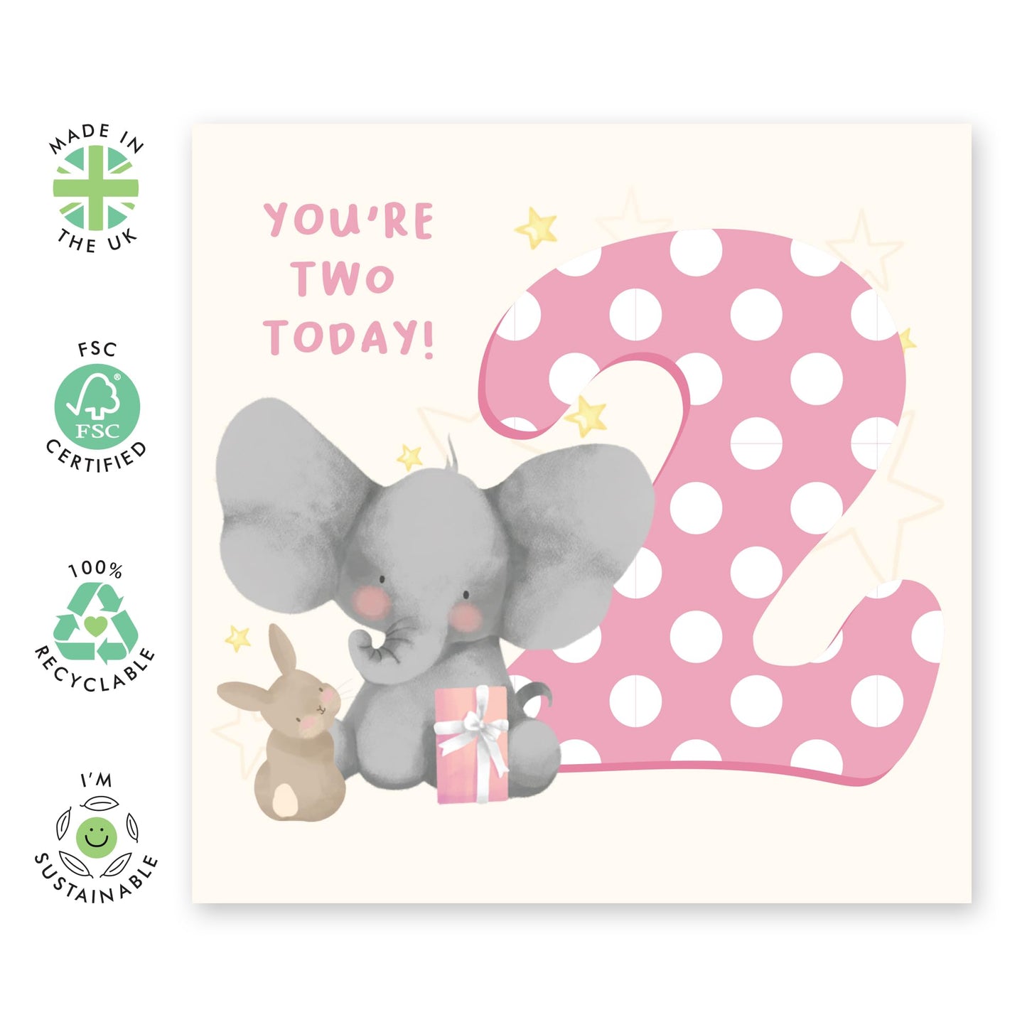 2nd Birthday Card Girls - Elephant Bunny Age 2 - Baby Milestone Cards Age Two - Second Birthday Cards For Grandson - Gifts For Daughter Niece - From Mum Dad - Comes With Sticker By Central 23