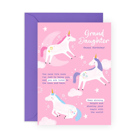 Cute Birthday Card - 'Magical Birthday Unicorns Grand Daughter' - Sweet Gifts for Grand Child, Kids, Children from Grandma and Grandpa - Flying Unicorns - Comes with Fun Stickers