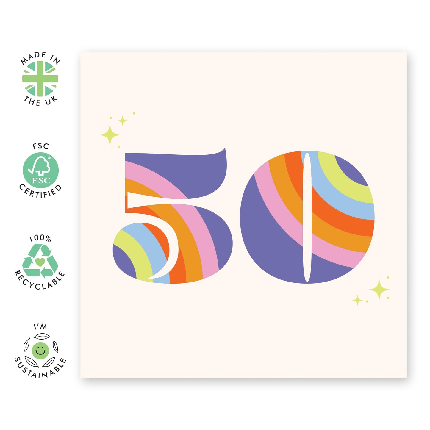 50th Birthday Card For Women - Rainbow Font 50 - Sweet Birthday Card - Wife Mum - Sister - Rainbow - Happy Fiftieth Birthday Greeting Card Female Friend - Comes With Fun Stickers - By Central 23