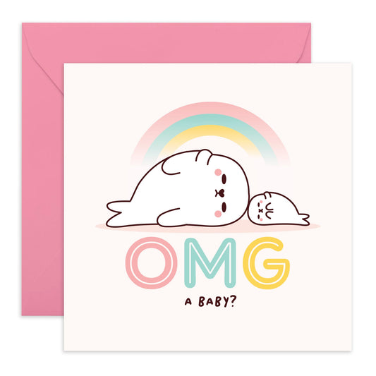 Congatulations Greeting Card for New Parents - 'Lazy Seal OMG A Baby' - Gifts for Best Friends, Besties, BFF,Girlfriends, Sister, Sis, Bruv, Mate, Colleagues - Welcome Baby - Comes with Fun Stickers