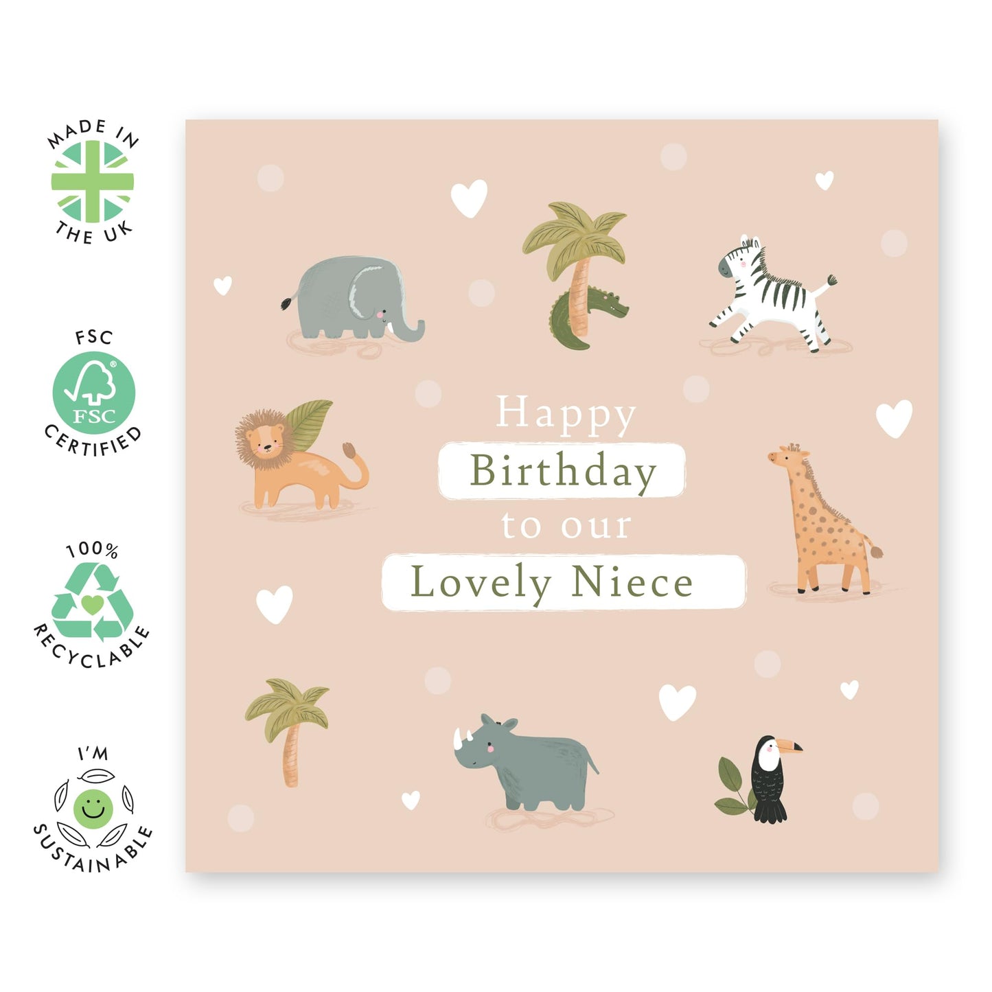 Birthday Card with Cute Safari Animals - 'Safari HB Niece' - Gifts for Girls, Toddlers, From Uncle, Auntie, Family, Relatives - Animals - Comes with Fun Stickers