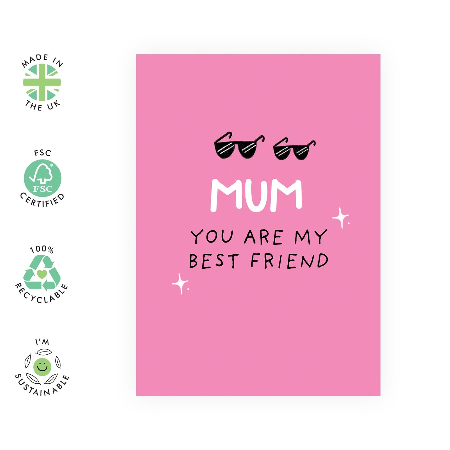 Fun Mum Greeting Card - 'Mum Best Friend' - Gift for Mothers, Mama, Mummy, Grandma, Her, Wife, Women from Family - Glasses - Friendly Birthday Card or Mothers Day Ideas -Comes with Fun Stickers
