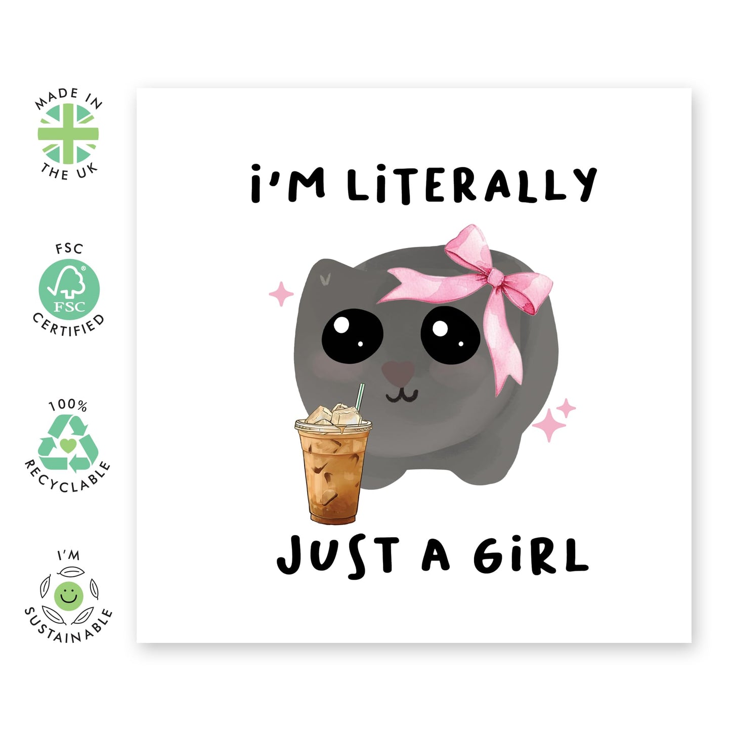Best Friend Birthday Card - Just A Girl - Bow Iced Coffee - Funny Birthday Cards For Women Female Girls - Gifts For Wife Sister Cousin - Comes With Stickers - By Central 23