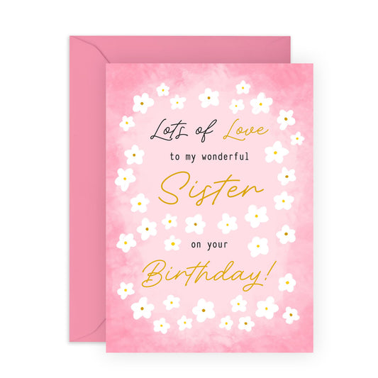 Floral Birthday Card for Her - "Wonderful Sister Flowers" Gifts for Sis, Sibling, Family, Women, Ladies, Girls - Beautiful and Pink -Comes with Fun Stickers