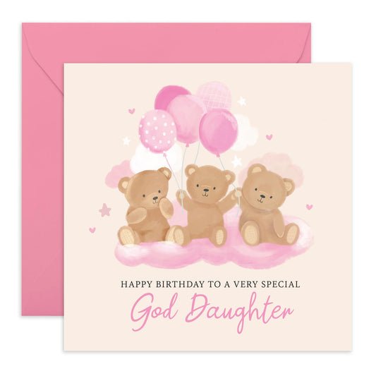 Birthday Card for Girls - 'Teddy God Daughter Birthday' - Presents for Girl Kid, Teenager, Toddler from God Parents - Bears and Balloons - Comes with Fun Stickers