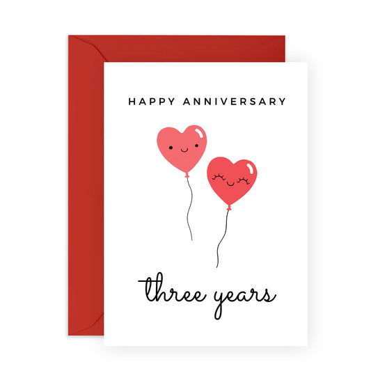 Cute 3rd Anniversary Card for Her or Him - 'Heart Balloon 3' - Gifts for Girlfriend, Boyfriend, Husband, Wife, Spouse, Babe, Lovebug, Darling, Hun, Other Half - Third - Comes with Fun Stickers