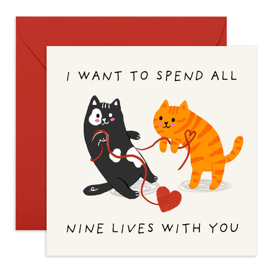 Heartfelt and Romantic Cat Love Card – "Nine Lives With You" – Valentines Day and Anniversary Ideas for Husband, Wife, Girlfriend, Boyfriend, Him, Her, Babe, Spouse - Comes with Stickers