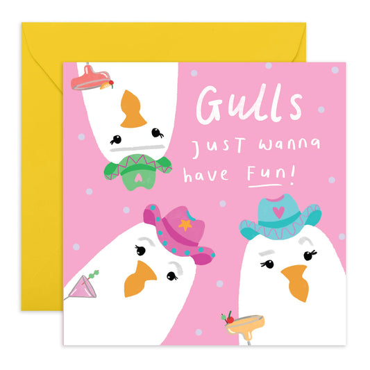 Sea Gulls Greeting Card for Friends - 'Gulls Just Wanna Have Fun' - Gifts for BFF, Best Friends, Girlfriend, Sister, Sis, Coleagues, Family, Ladies, Girls, Women - Fun Time - Comes with Fun Stickers