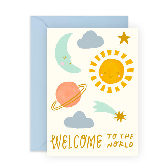 Welcome to the World Baby Card – Space and Planets – Newborn Boy Girl Greeting – Baby Shower, Congratulations – Gift for New Parents, Family, Auntie, Uncle, Relatives, Cousins -Comes with Stickers