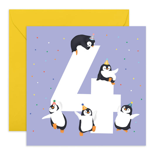 4th Birthday Card For Boys Girls - Penguin Age 4 - Baby Milestone Cards Age Four - Forth Birthday Cards For Niece Nephew - Animal - Gifts For Daughter Son Toddlers - Comes With Sticker By Central 23