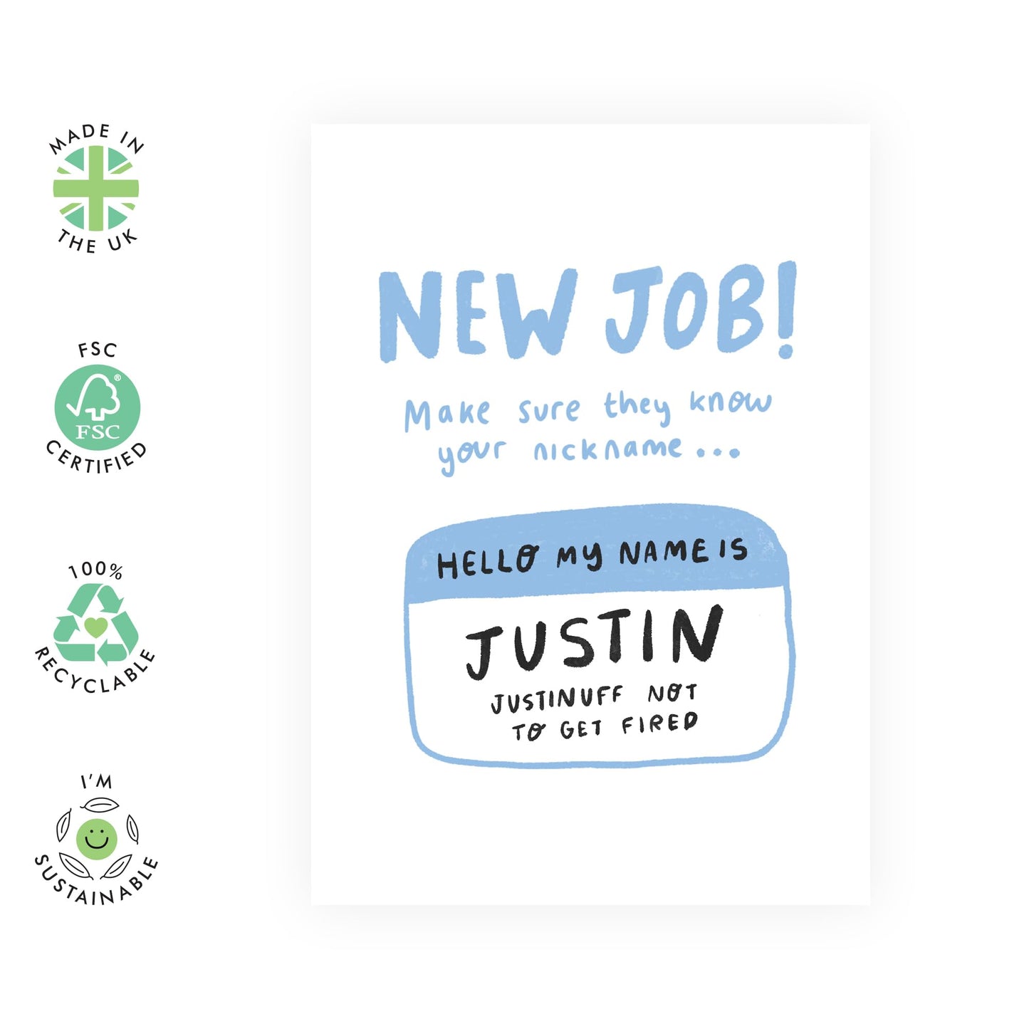 New Job Congratulations Card - 'Justin New Job' - Gifts for Friends, Coworker, Bestie, BFF, Bruv, Mates, Lad, Bro, Officemate - Just to keep position - Comes with Fun Stickers