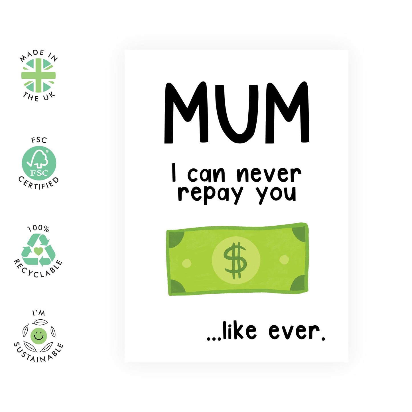 Mum Thank You Card - I Can Never Repay You - Gifts From Daughter Or Son - Mother's Day Card For Mummy, Ma, Mama, Her, Women - Appreciation and Paying Back Card - Comes With Sweet Stickers