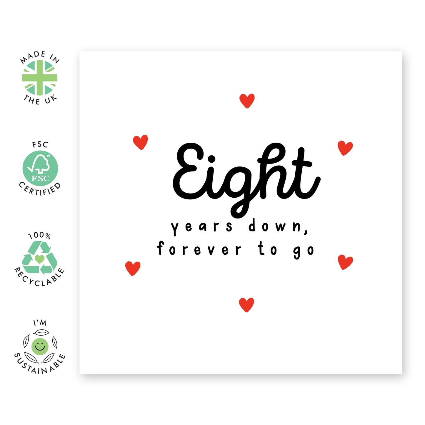 8th Anniversary Card For Him Her - 'Eight Years Down' - Gifts for Babe, Girlfriend, Boyfriend, Husband, Wife, Spouse - Classic Red Hearts - Comes with Fun Stickers