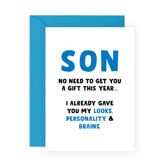 Son Birthday Card Adult - Looks Personality And Brains - Funny Birthday Cards For Men Him - Bday Greeting Cards For Son From Mum Or Dad - Comes With Stickers - By Central 23
