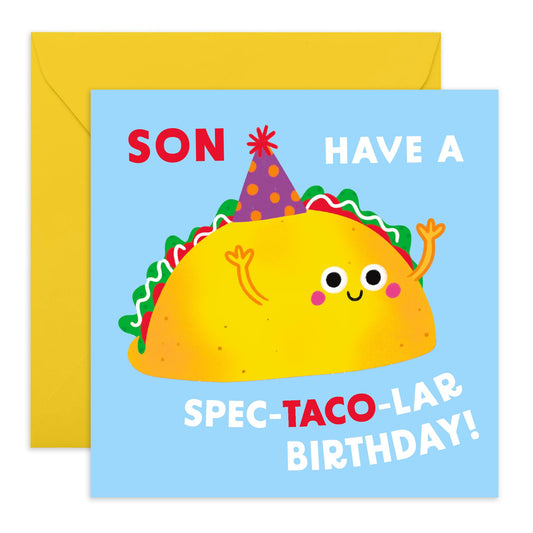 Son Birthday Cards From Mum Dad - Have A Spec-taco-lar Birthday - Cheeky Birthday Cards For Men Funny - Mexican Food Puns Jokes - Comes With Fun Stickers - By Central 23