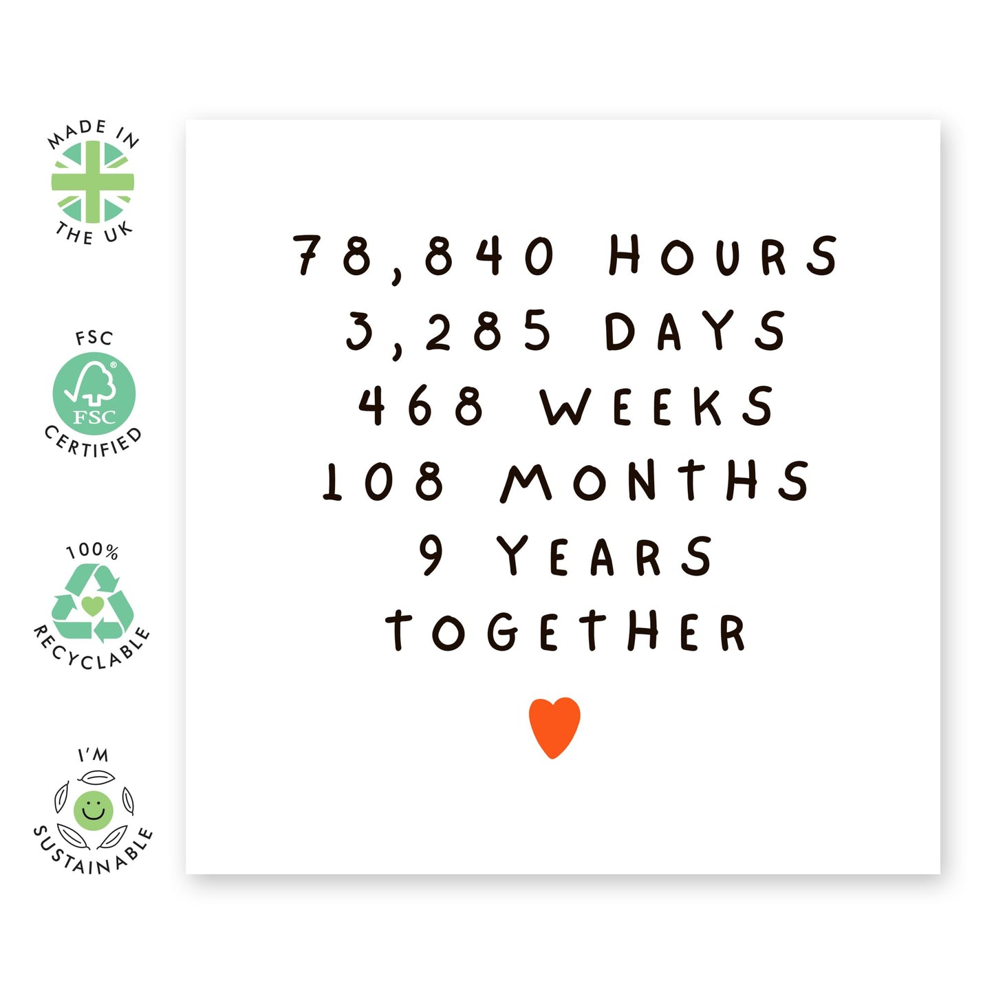 9th Anniversary Card Time Spent - '9 Years Together' - Gifts for Wife, Husband, Girlfriend, Boyfriend, Spouse, Babe - Hours Days Weeks Months - Comes with Fun Stickers
