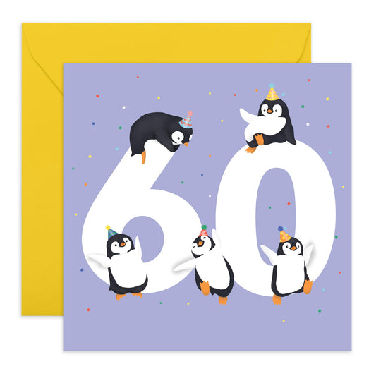 60th Birthday Card For Men Women - Penguin Age 60 - Wife Husband Mum Dad - Animal Birthday Card - Happy Sixtieth Birthday Greeting Card Grandparents - Comes With Fun Stickers - By Central 23