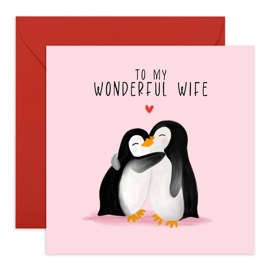 Wife Anniversary Card From Husband - To My Wonderful Wife - Penguin Birthday Card For Women - Valentines Card Wife - Comes With Stickers And Envelope - By Central 23