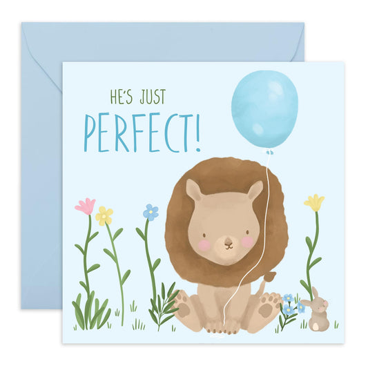 Cute Congratulations Card - 'He's Perfect New Baby' - Gift for Babies, Boys, Son, New Born, Family, Birth - Lion and Balloon- Comes with Fun Stickers