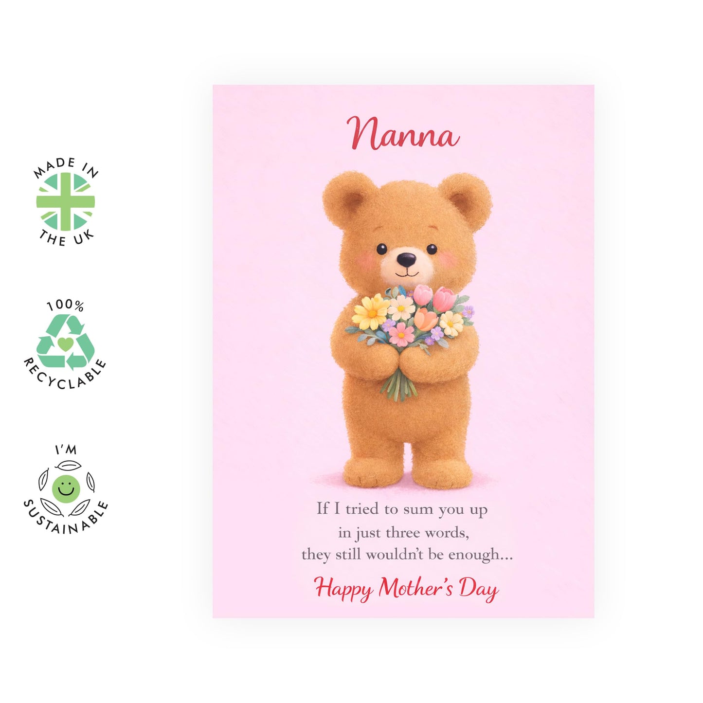 Nanna Mother’s Day Card – Teddy Bear with Flower Bouquet – Greetings for Grandma Grandmother Her Ladies Women from Grandson Boys Teens - Adorable and Thoughtful - Comes with Cute Stickers