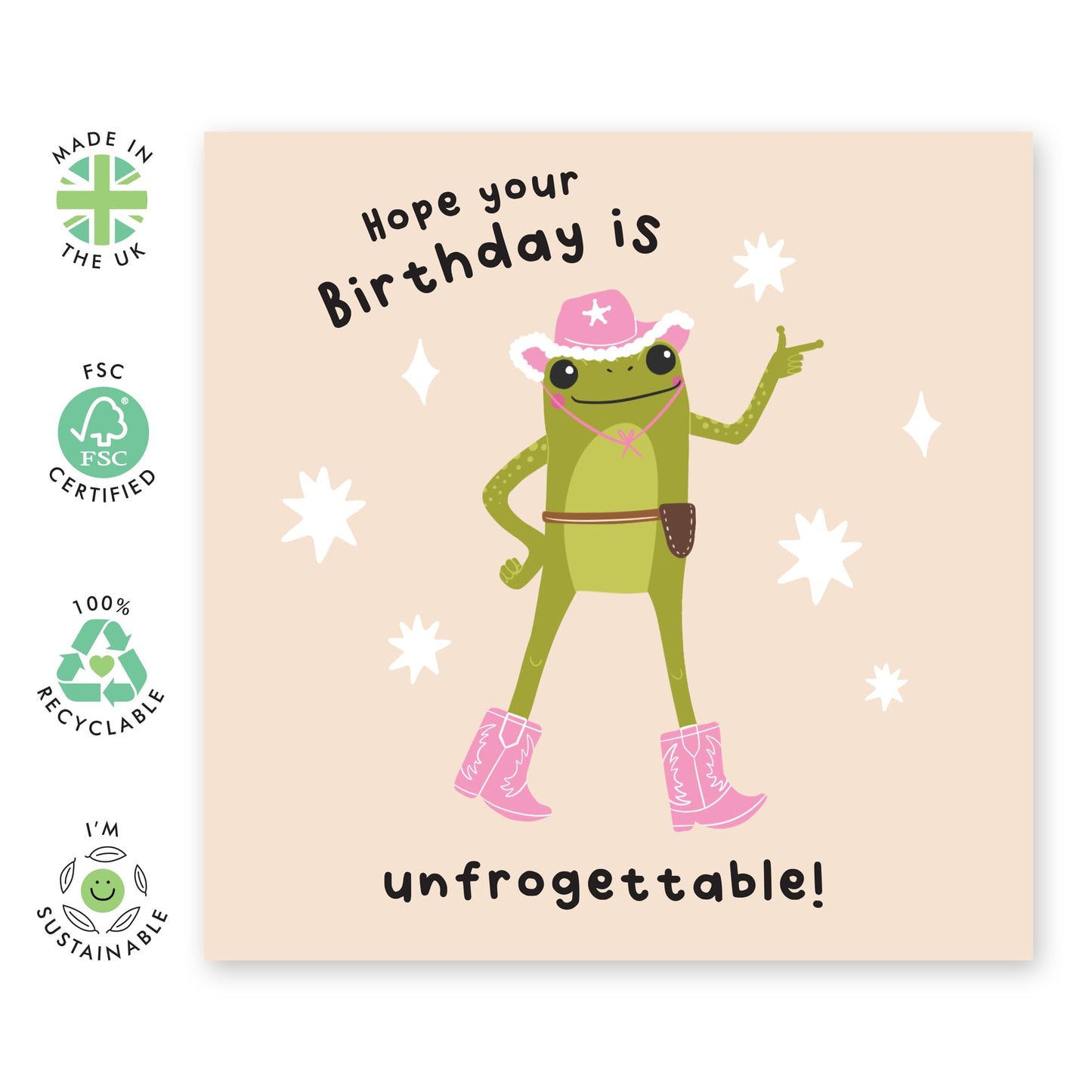 Humorous Frog Birthday Card for Women – ‘Unfrogettable’ – Cute Greeting Card for Sister, Colleagues, Friends, Bestie, BFF, Colleagues, Family, Coworkers, Her - Cowgirls - Comes with Fun Stickers